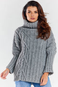 Pull tricoté pour femme col roulé motif côtes asymétriques maille épaisse gris chaleur confort mode automne hiver