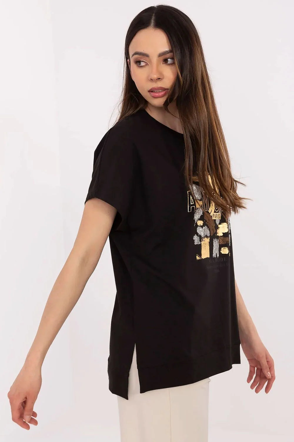 T-shirt femme moderne chic imprimé motifs coups pinceaux métalliques Paris noir coton mélange manches courtes col rond loose casual élégant