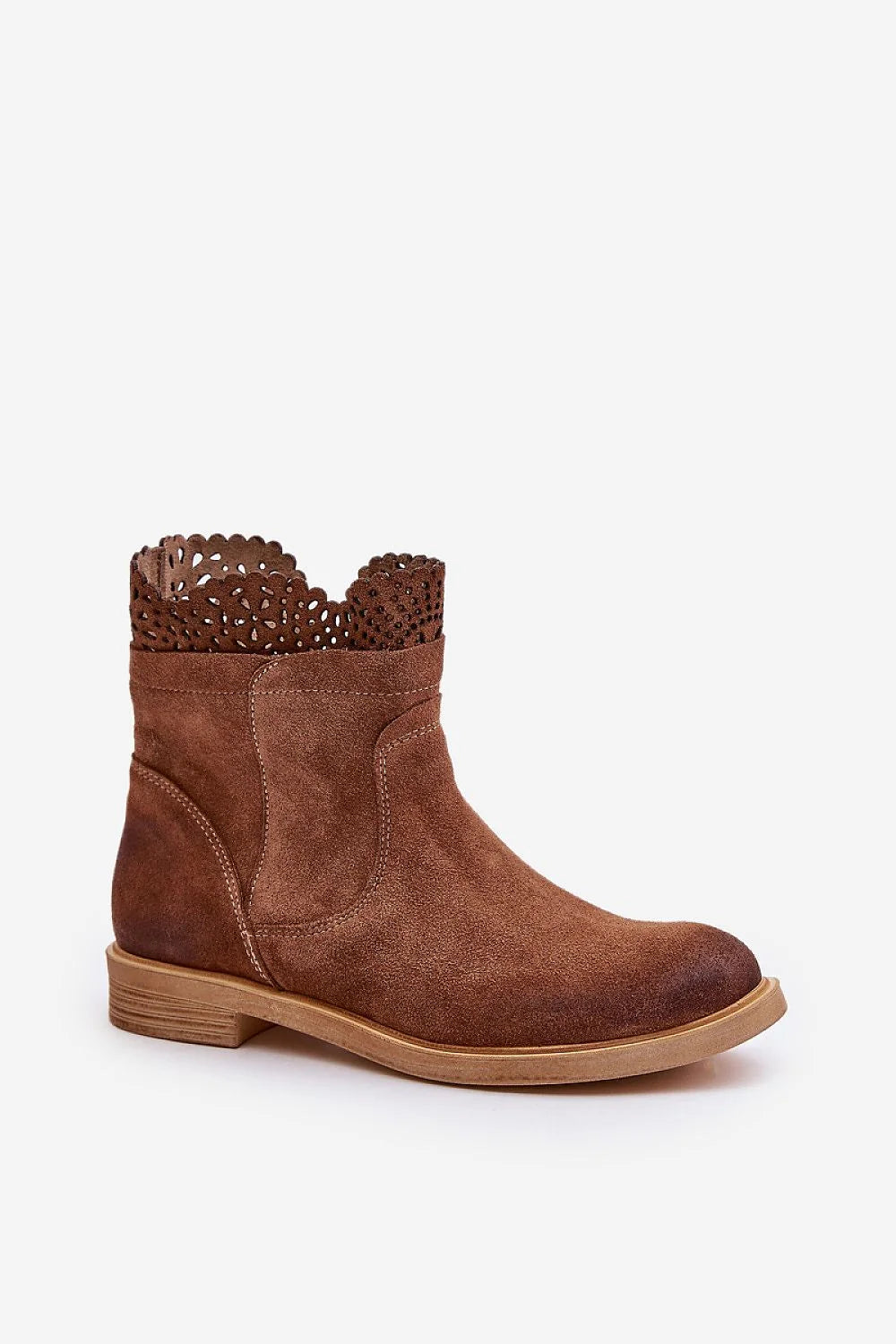 Bottes pour femmes en cuir suédé marron style décontracté chic talon plat semelle caoutchouc beige