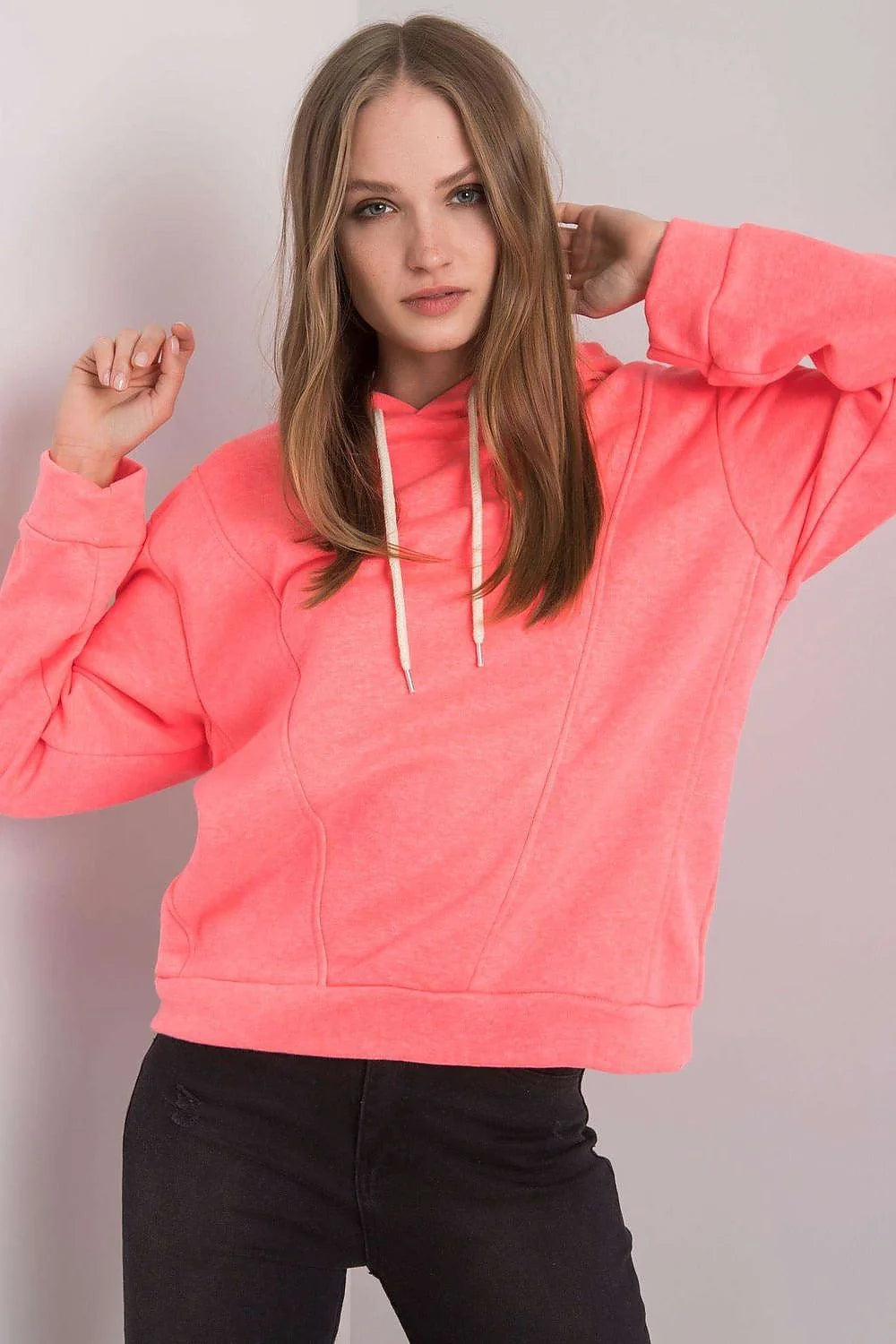 hoodie femme jaune fluo coton elasthanne molleton doux coupe ample épaules tombantes manches longues capuche doublée cordon blanc réglable