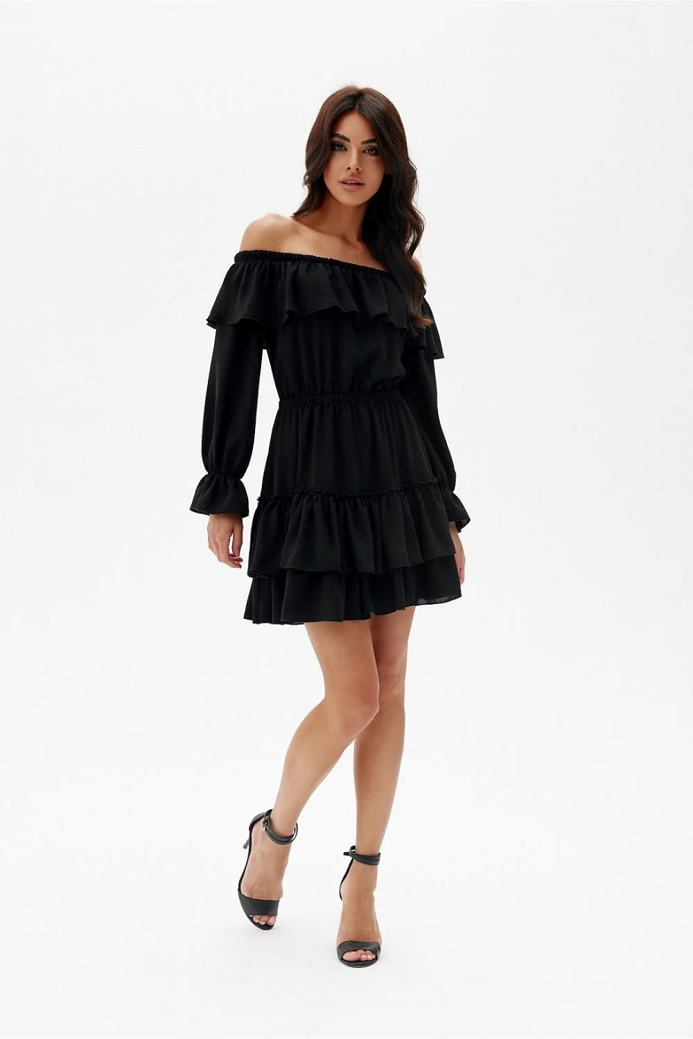 Robe de jour féminine évasée manches longues décolleté dos nu tissu léger noir taille élastique femme
