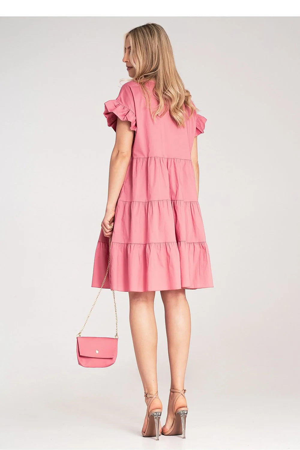 Robe de jour moderne avec volants en coton rose vif pour femme, taille empire, manches courtes, occasion décontractée ou semi-formelle