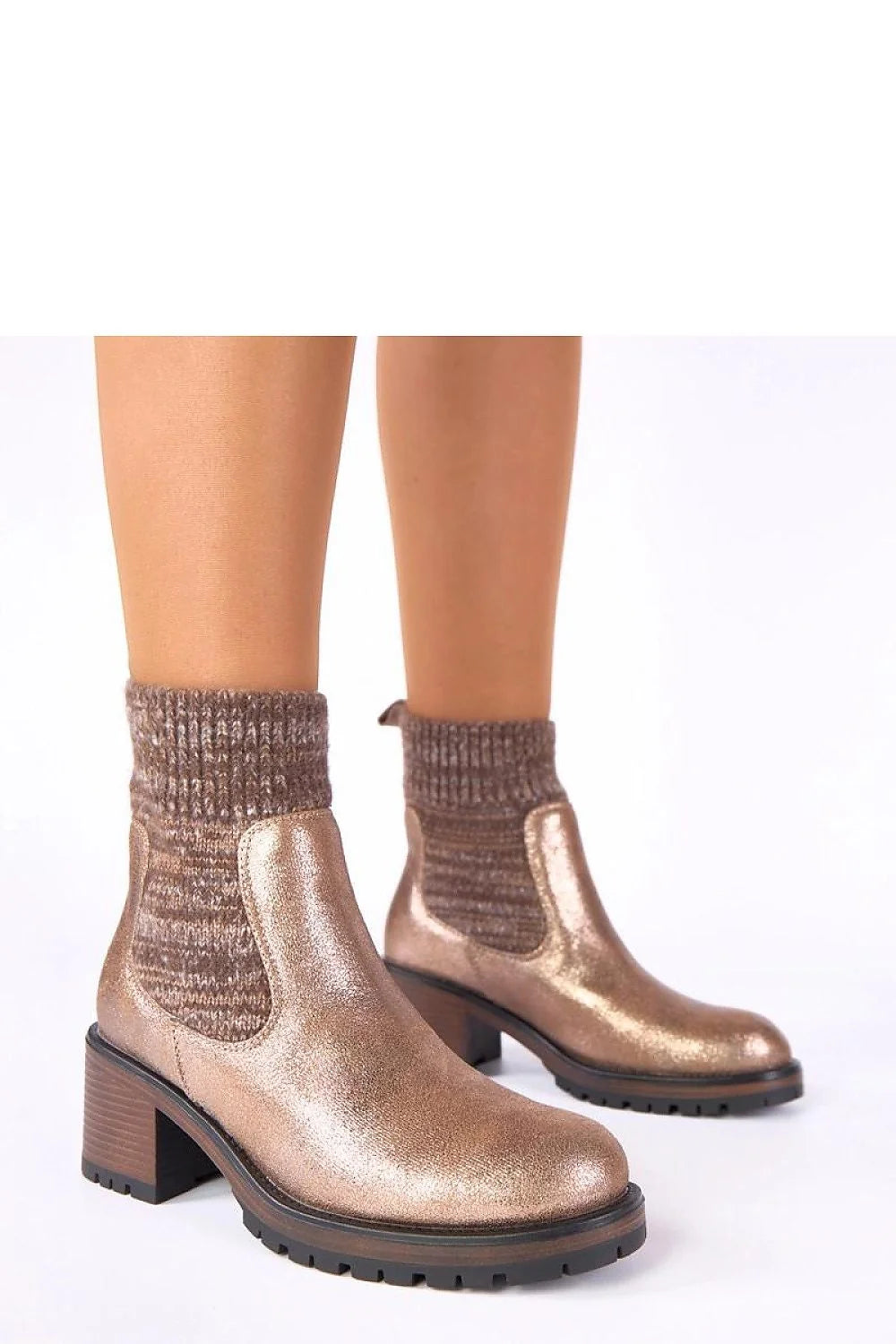 bottines dorées talon bloc moyen tige chaussette cuivré rosé métallisé empeigne lisse revers maille côtelée semelle crantée gomme antidérapante confort