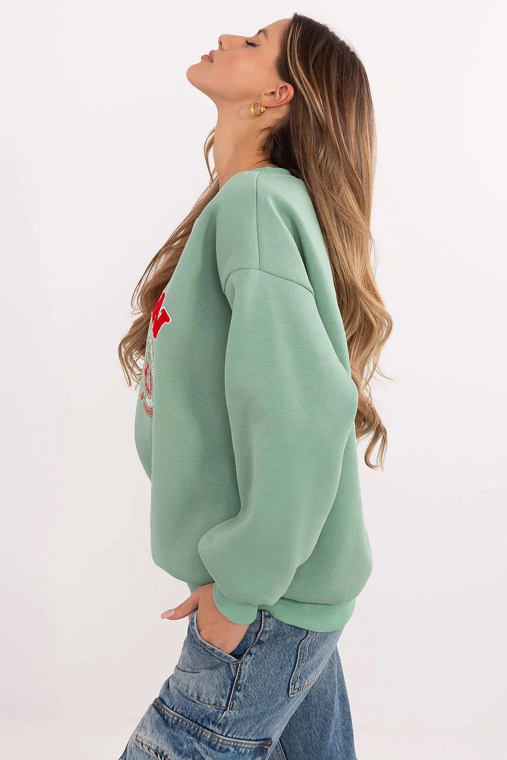 Sweatshirt femme style décontracté vert pastel imprimé Boston manches longues col rond