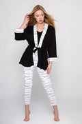 Ensemble loungewear femme kimono noir pantalon blanc texte imprimé matériau doux taille ajustable été