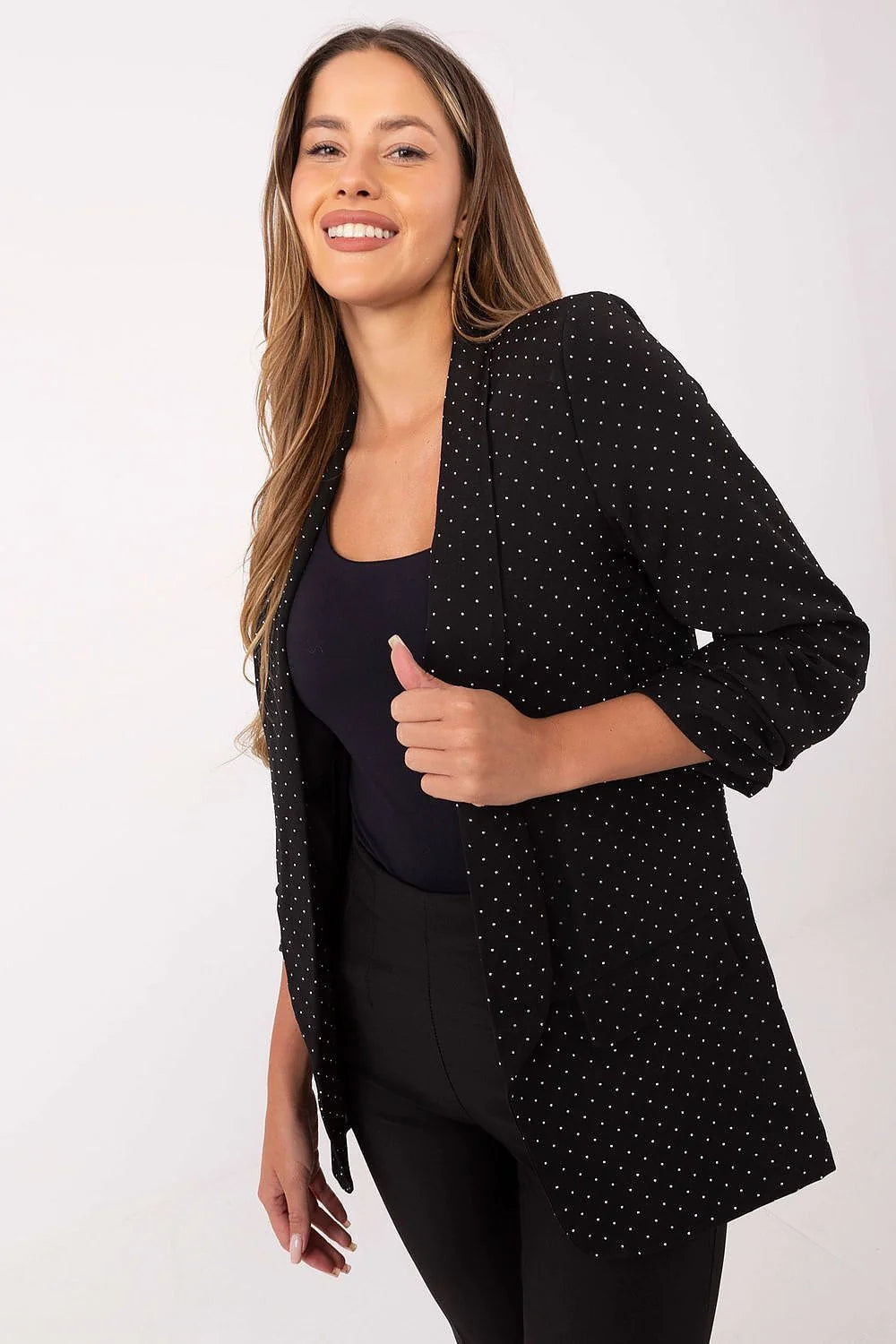 veste blazer mi long noir pois blancs col châle ouverture sans bouton coupe droite cintrée strass manches troisquarts plissées doublée