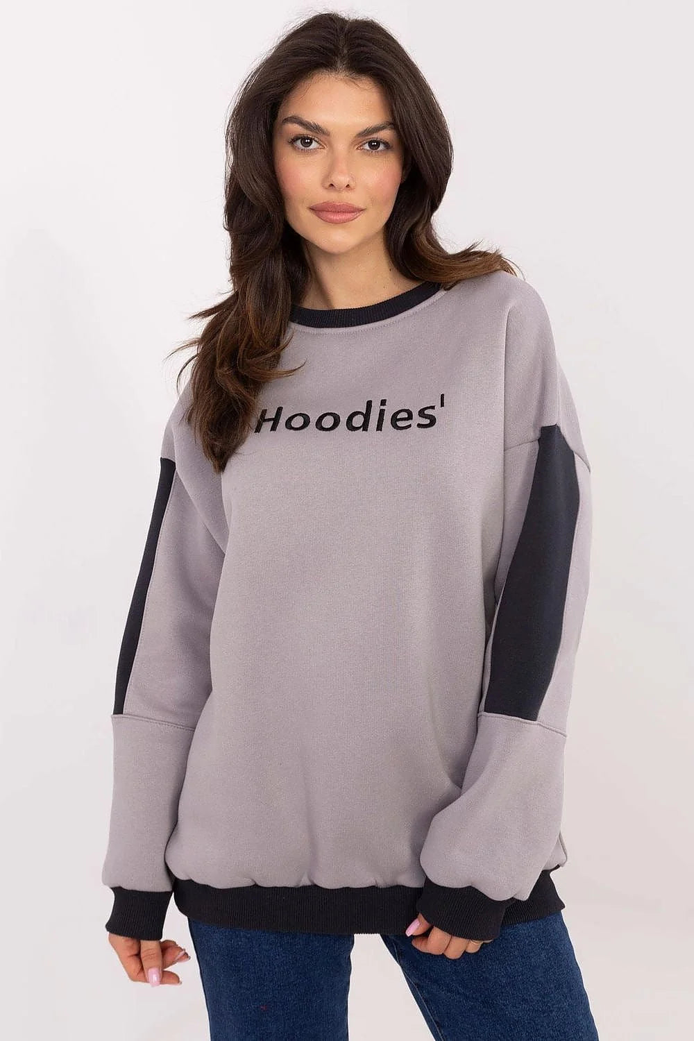 Sweatshirt Femme Décontracté Gris Clair Manches Longues Insert Contraste Logo Hoodies