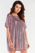 Robe de soirée scintillante rose métallisé sequins coupe ample manches courtes col rond femme