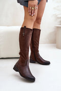 Bottes cuissardes en cuir et daim marron pour femmes, style élégant moderne, talon plat, fermeture éclair latérale, doublure isolée, parfaites automne hiver, taille ajustable