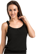 Chemise de nuit élégante pour femme, bretelles larges volants, noir, matière douce, coupe ajustée, confortable