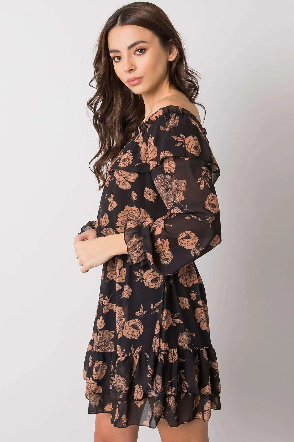 Robe de jour Italy Moda style espagnol décolleté Bardot manches longues élasthanne polyester viscose taille universelle 85 cm 92 cm