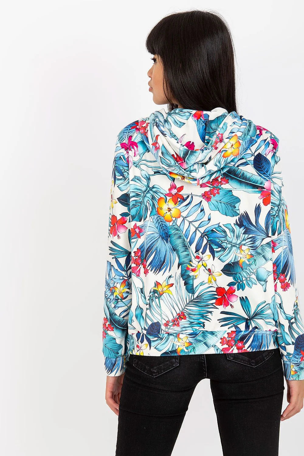 Veste femme design floral tropical multicolore capuche fermeture éclair matériau léger