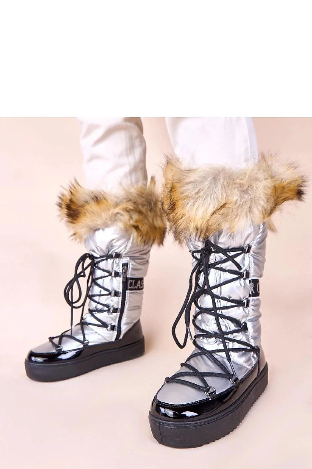 bottes neige Malida eskimo argentées matelassées fourrure beige vernis noirs lacets croisés nylon métallisé rembourré plateforme crantée antidérapante chaude confortable