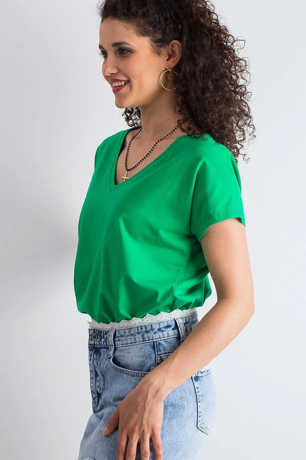 T-shirt femme loose manches courtes col V couleur verte vif coton elastane taille ajustable S M L XL XS