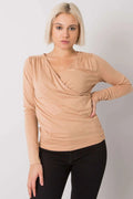 Chemisier femme coton beige élégant manches longues col V croisé ajusté décontracté chic polyvalent