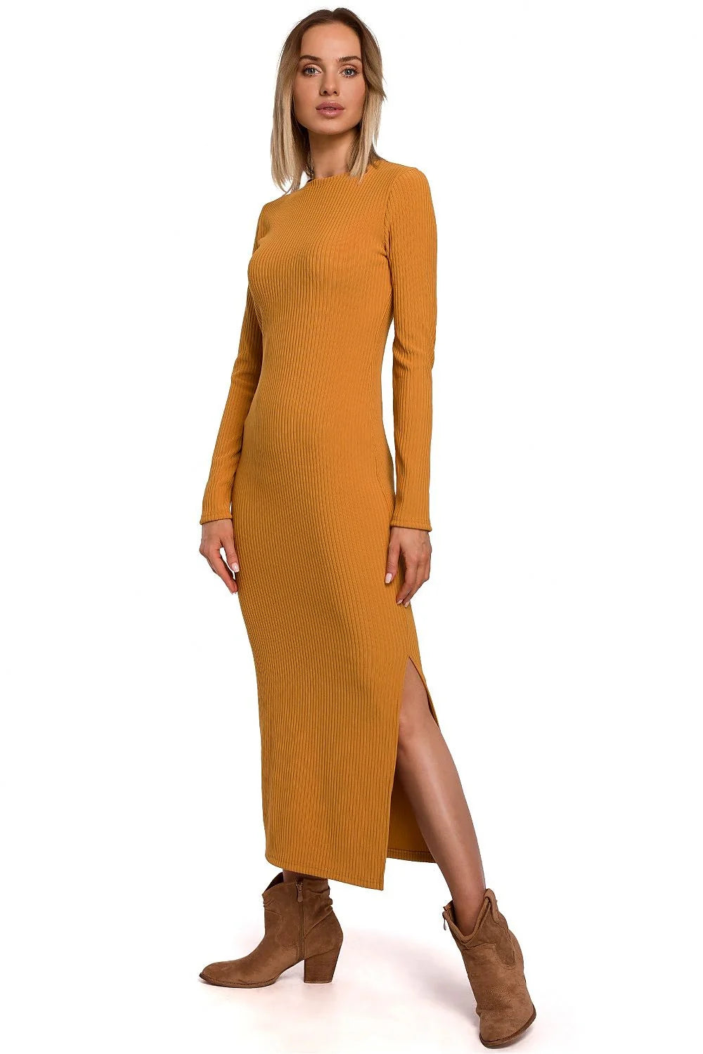 Robe longue en cotonélasthanne noire élégante ajustée manches longues fente latérale occasion semi-formelle