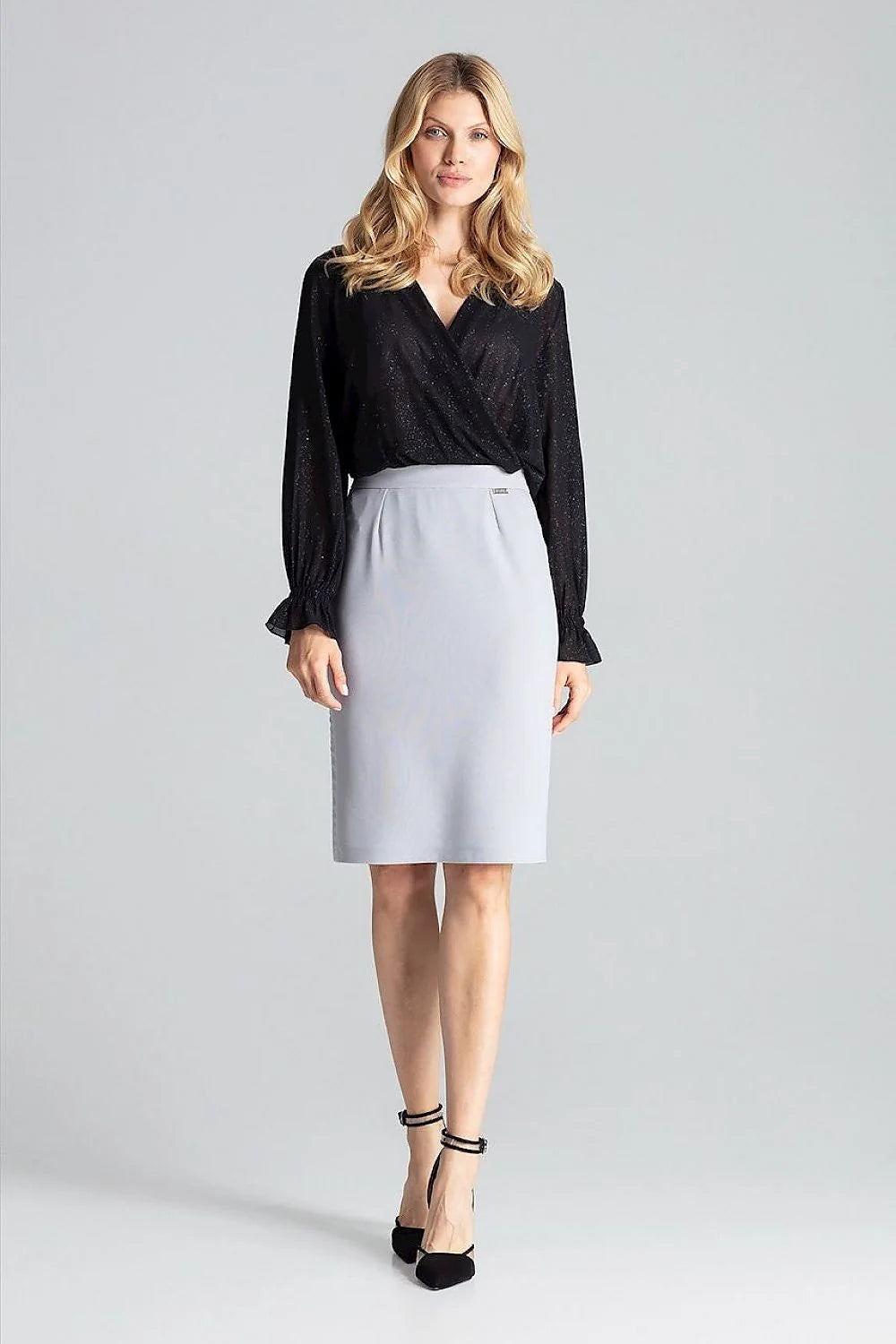 robe deux pièces rouge vif midi crayon taille blousante encolure V manches longues bouffantes fente dos fluide polyester élasthanne