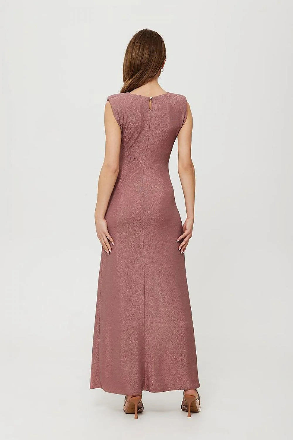 Robe longue élégante sans manches couleur rose poudré fente latérale fermeture dos ajustable femme