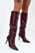 bottes femme genou cuir écologique bordeaux talon aiguilles haut bout pointu tige froncée fermeture zippée latérale bride boucle métallique élégantes