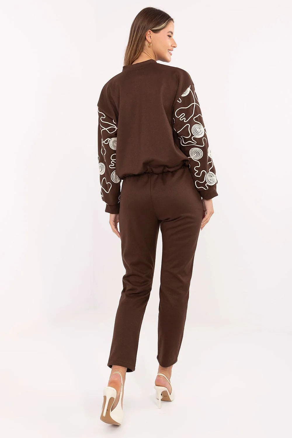 ensemble survêtement femme sweat capuche zippé bomber pantalon slim taille haute molleton marron chocolat imprimé graphique poches rabat cordon serrage
