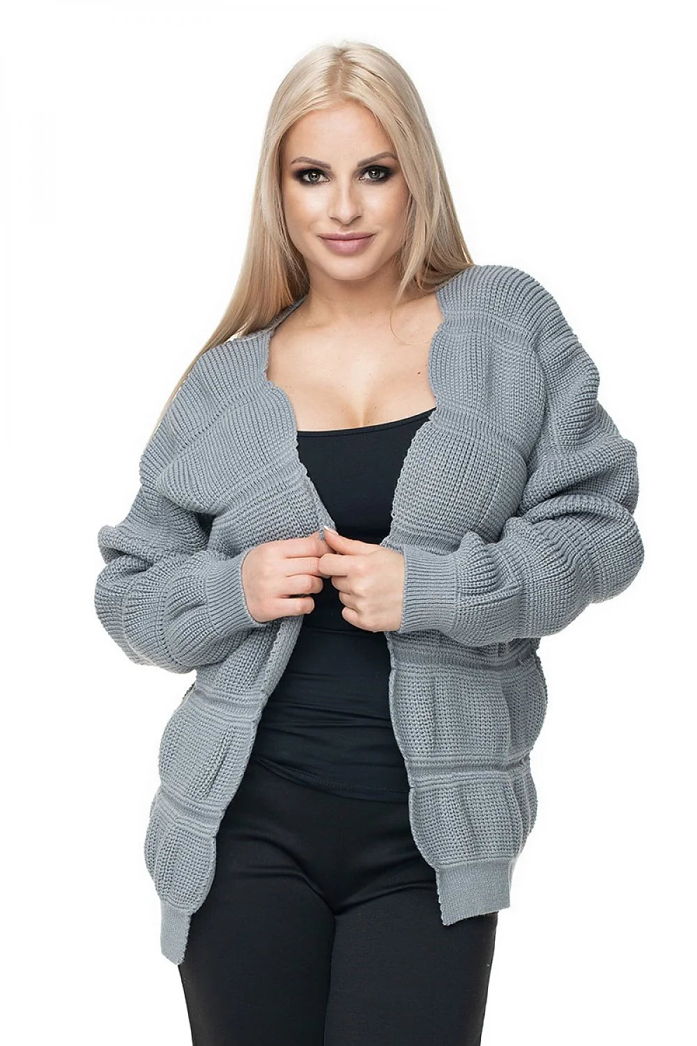 Cardigan Pee Ka Boo pour femme motif unique manches longues maille grise acrylique 100% coupe droite sans fermeture