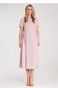 Robe de jour élégante midi manches courtes col rond rose pastel cordon latéral polyester femme