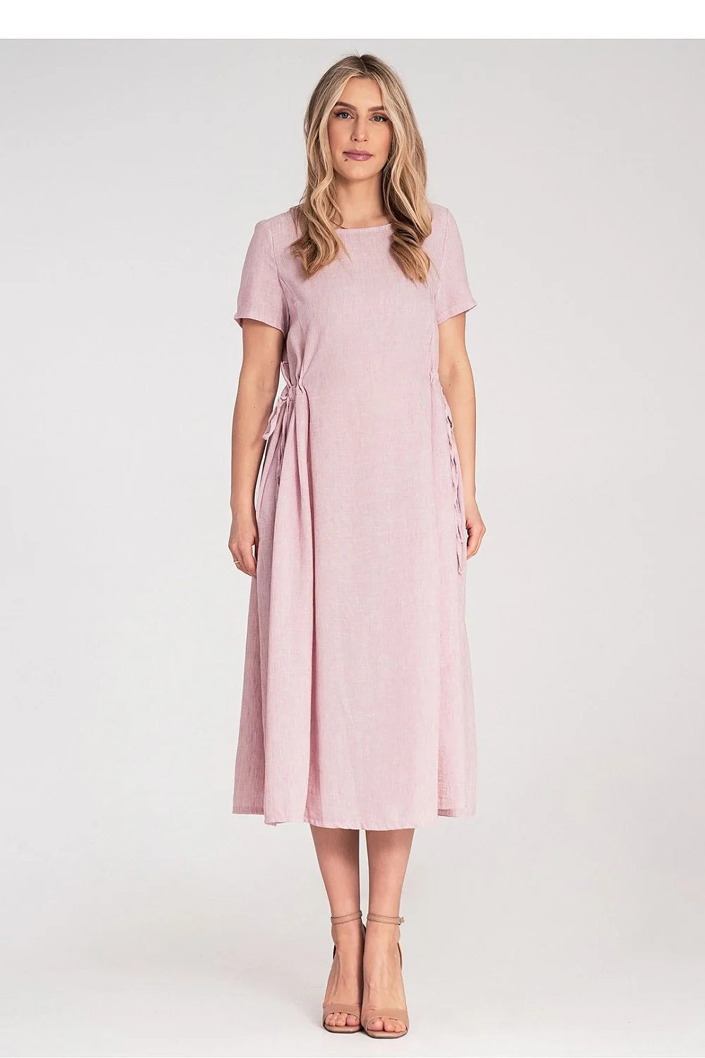 Robe de jour élégante midi manches courtes col rond rose pastel cordon latéral polyester femme