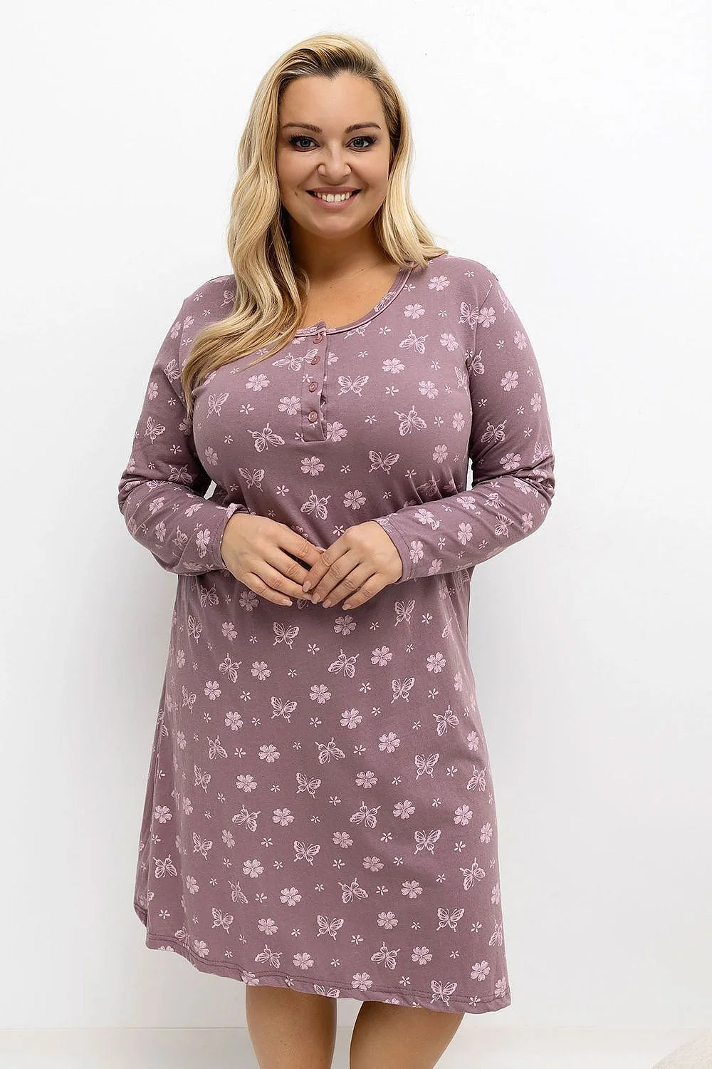 chemise nuit grande taille coton manches longues col rond boutons fleurs papillons mauve mi mollet coupe droite confort