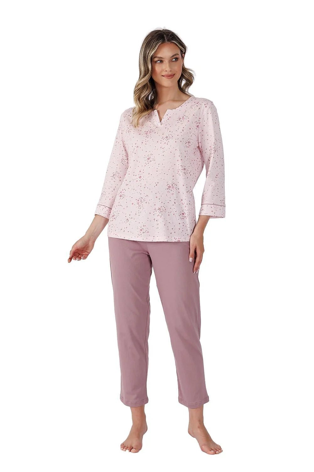 pyjama femme MMax coton pur doux respirant rose pâle floral discret encolureV manches troisquarts pantalon droit taille elastique
