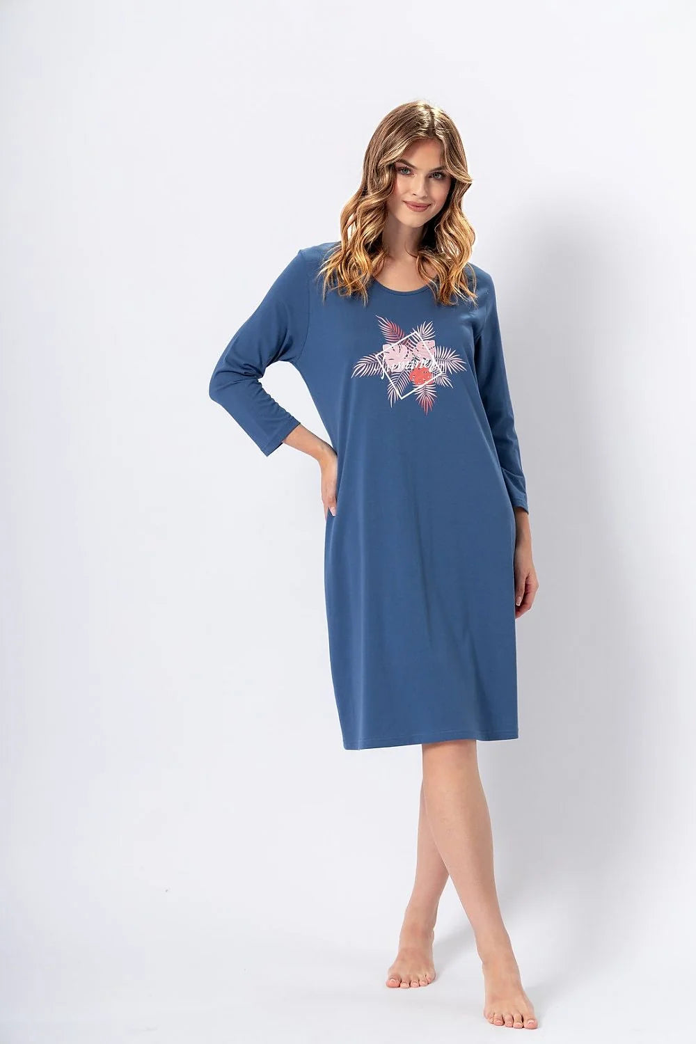 Robe décontractée pour femmes design minimaliste couleur bleu foncé motif graphique manches 3/4 col rond taille ajustable