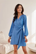 Robe de jour Roco Fashion bleu vif mini manches longues V-neck portefeuille ceinture ajustable chic semi-formel