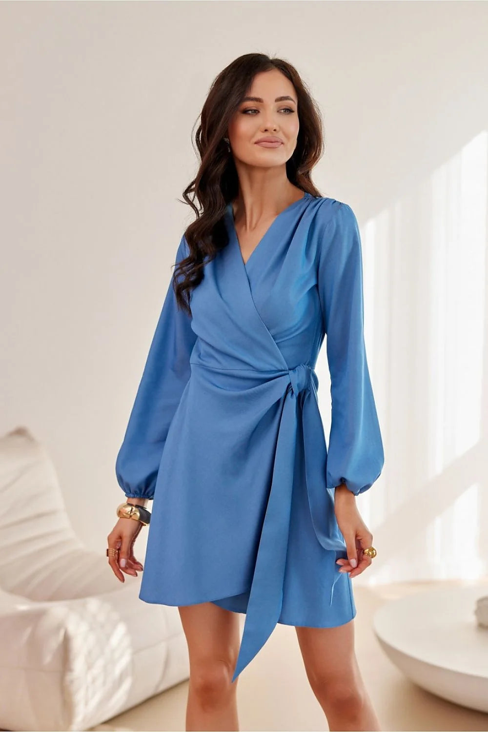 Robe de jour Roco Fashion bleu vif mini manches longues V-neck portefeuille ceinture ajustable chic semi-formel