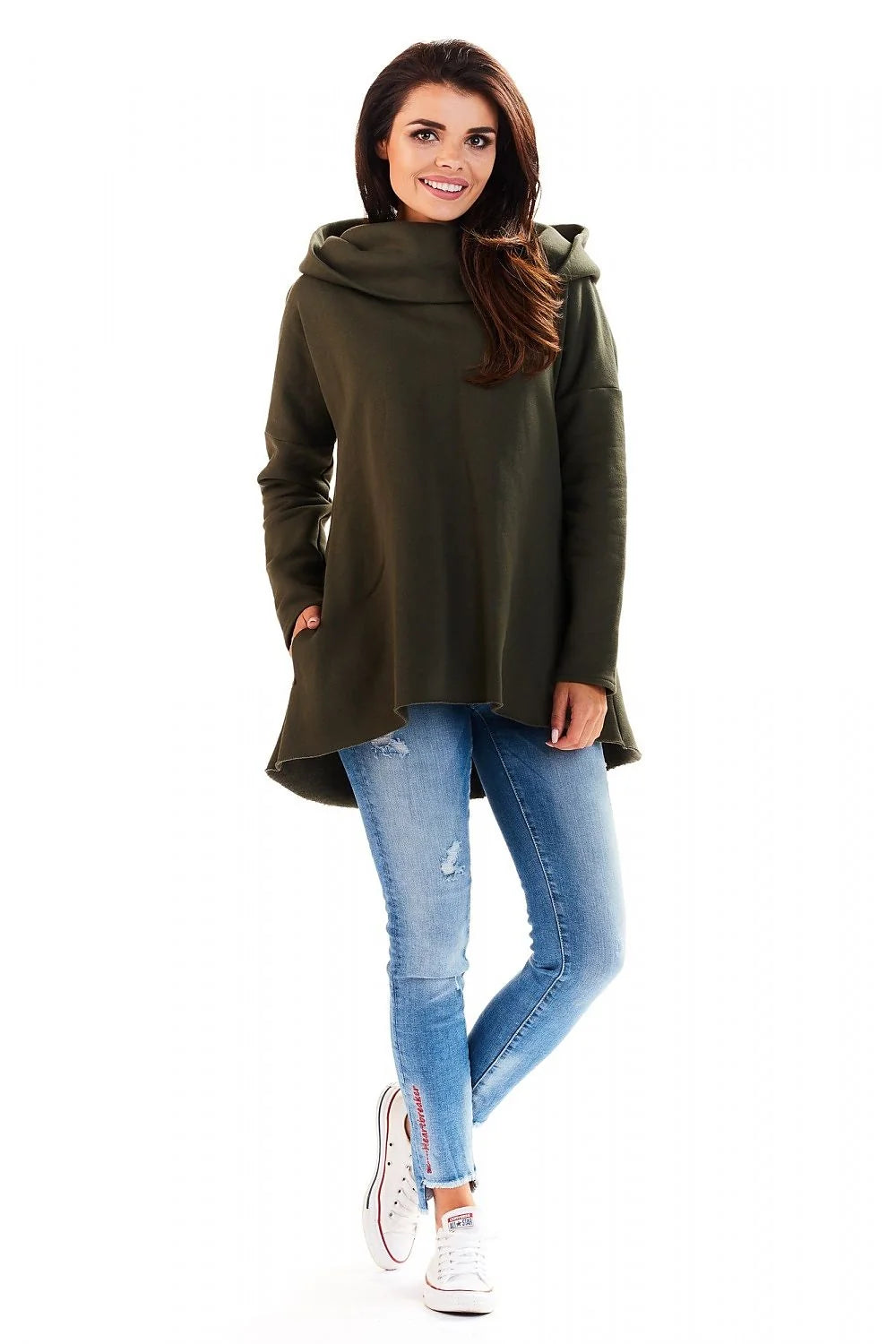 Sweatshirt femme coton ample décontracté capuche large manches longues vert kaki pour style moderne