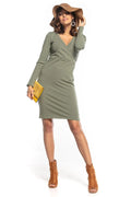Robe kaki coton moderne élégante coupe ajustée col V manches longues style décontracté chic femmes
