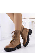 bottines femme mi mollet cuir synthétique lisse camel tige côtelée extensible lacets ajustables semelle crantée noire antidérapante talon large confortable