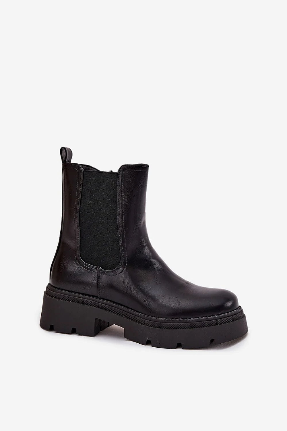 bottines Chelsea noires plateforme semelle crantée chunky urbaine rock cuir synthétique brillant empiècements élastiques tirette arrière bout rond antidérapante confort