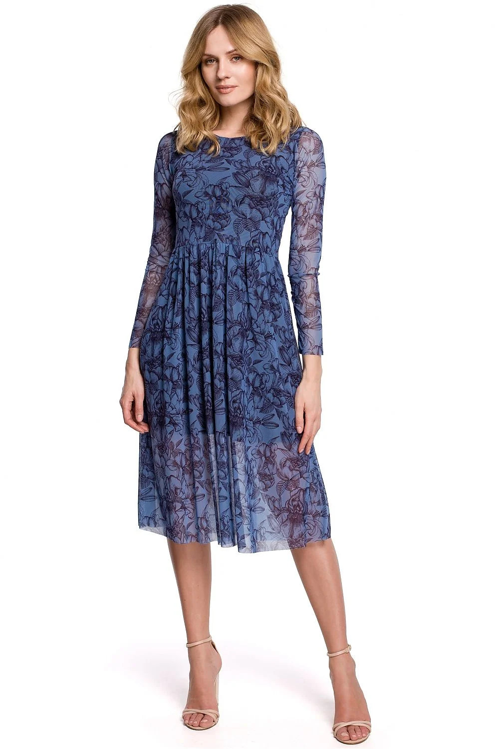 Robe de soirée longue polyester élégante avec manches transparentes motifs floraux pour femmes modernes