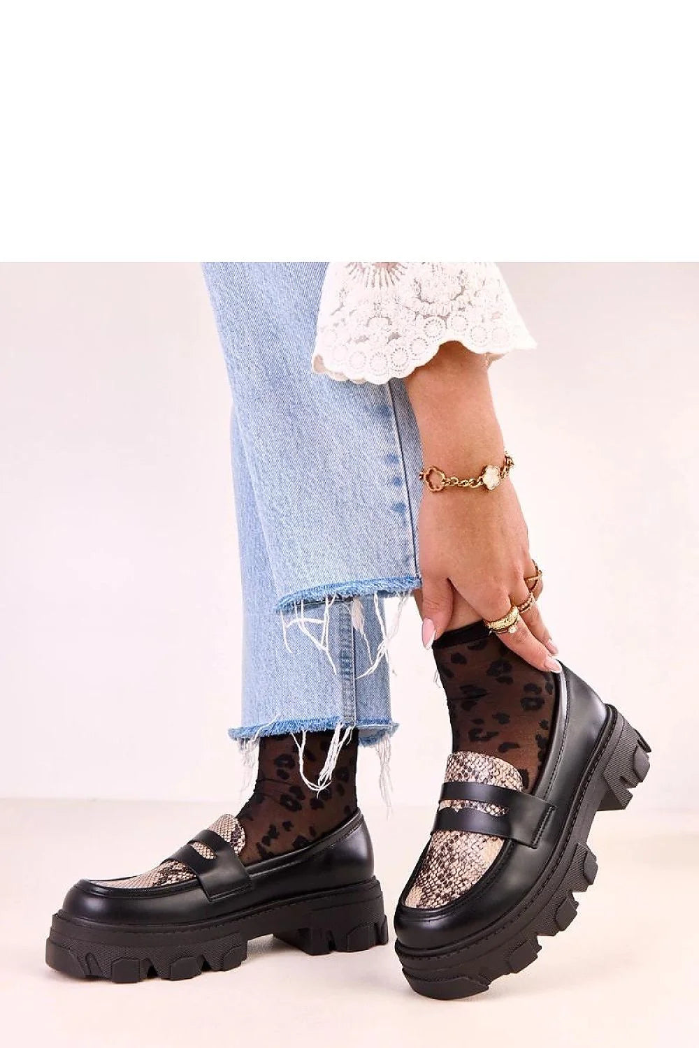 mocassins femme cuir écologique confortables design moderne insert python beige empeigne noire bout rond talon45mm plateforme crantée urban rock