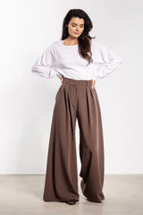 pantalon femme palazzo taille haute chocolat coupe extra large longueur sol plis marqués devant tombé fluide structuré poches