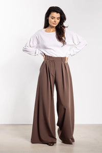 pantalon femme palazzo taille haute chocolat coupe extra large longueur sol plis marqués devant tombé fluide structuré poches