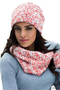 Ensemble d'hiver féminin bonnet et écharpe marbré rouge et blanc en laine confortable et stylé pour femme