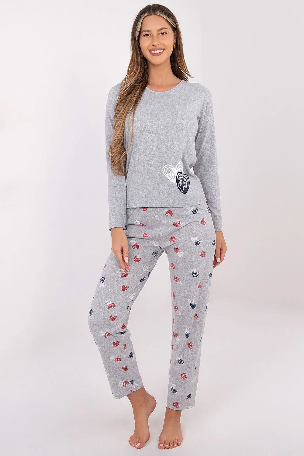 pyjama femme ensemble deuxpieces coton doux respirant gris chiné jersey manches longues encolure ronde imprimé coeurs allover taille élastique confortable