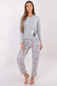 pyjama femme ensemble deuxpieces coton doux respirant gris chiné jersey manches longues encolure ronde imprimé coeurs allover taille élastique confortable