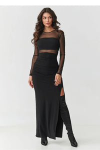 robe longue noire résille mesh transparent manches longues bustier intégré moulante froncée drapée fente haute sensuelle glamour soirée mariage luxe