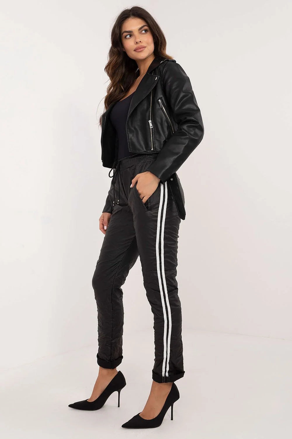Pantalon femme Italy Moda en éco-cuir noir taille haute coupe fuselée style décontracté travail quotidien occasion