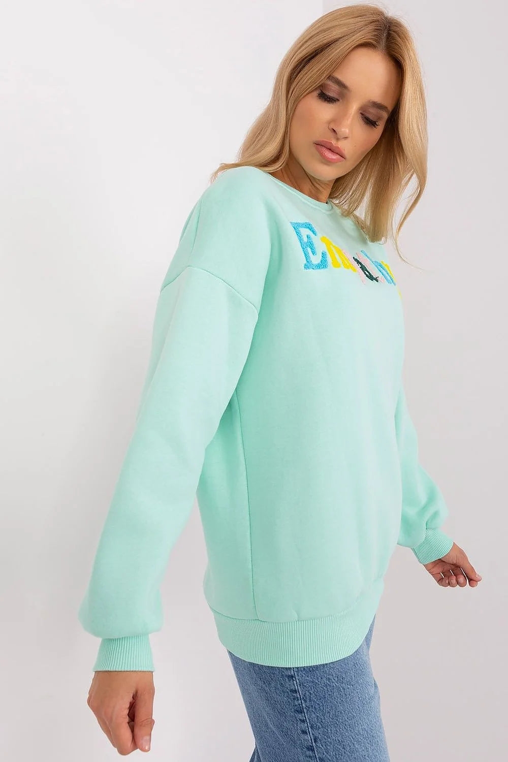Sweatshirt femme Empathy coloré design moderne coupe ample col rond manches longues coton polyester vert menthe