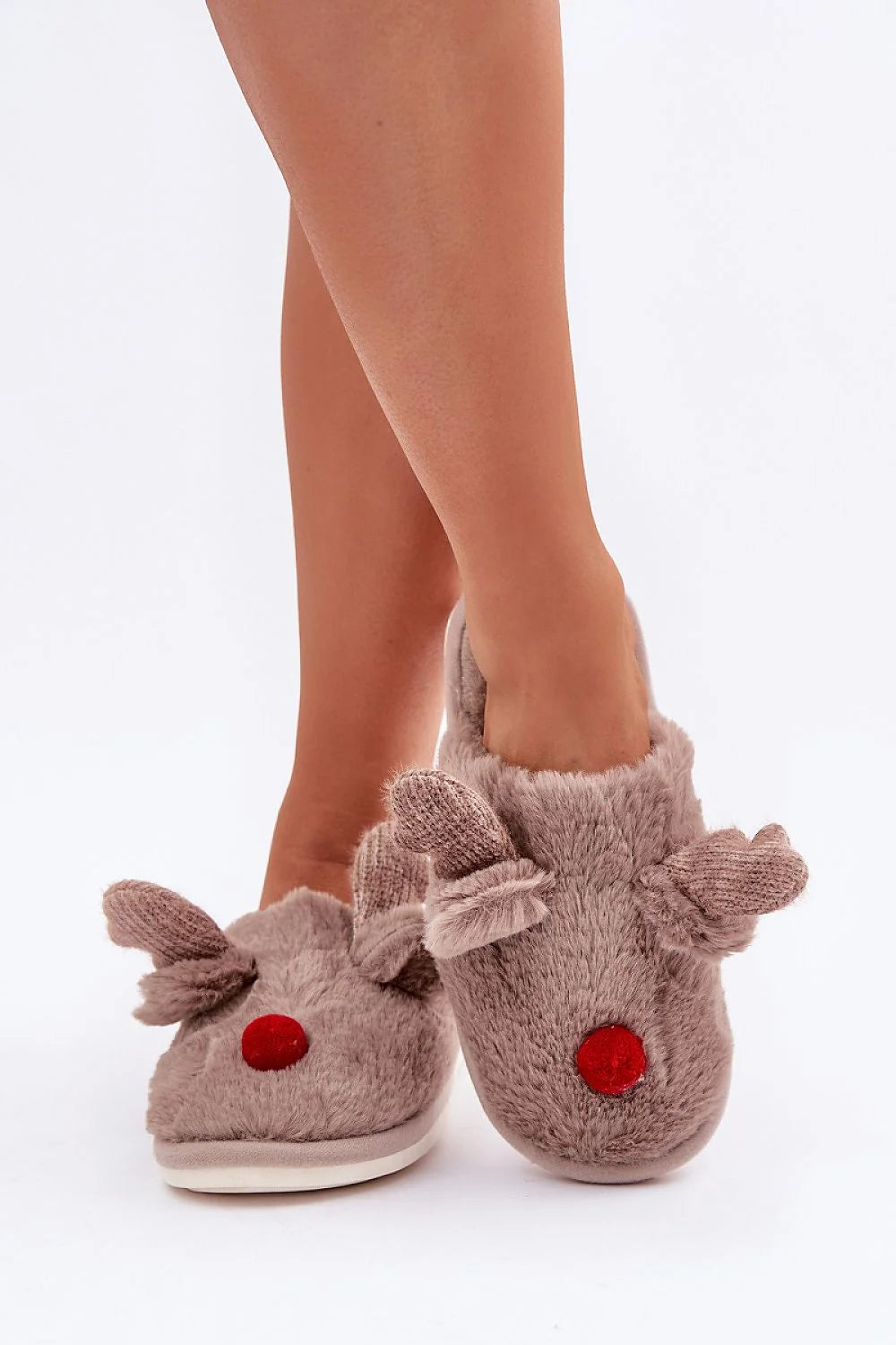 Pantoufles de Noel pour Femme en Peluche Marron Clair, Design Rennus, Doublure Fourrure, Semelle Antidérapante, Taille 36-41