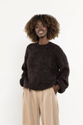 pull femme manches longues laine cachemire mohair polyamide acrylique marron col rond ballon épaules tombantes duveteuse côtelés décontracté chaud polyvalent