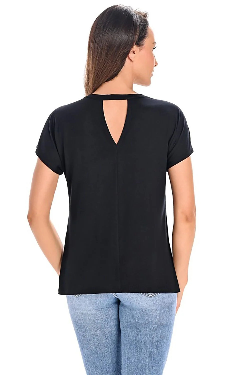 Chemisier Teyli en bambou noir manches courtes encolure haute transparence triangulaire dos droit femme