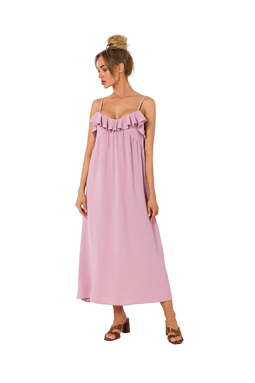 Robe de jour Moe élégante en polyester 95% avec bretelles fines et volants au décolleté en V pour femme, taille ajustable, longueur midi